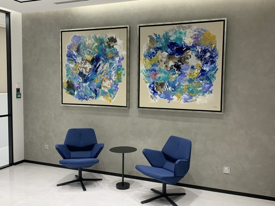 Titled: Series A & Series B. Commercial commission at Collectors’ office. Acrylic mixed media on Linen. Size: 1.2m x 1.2m